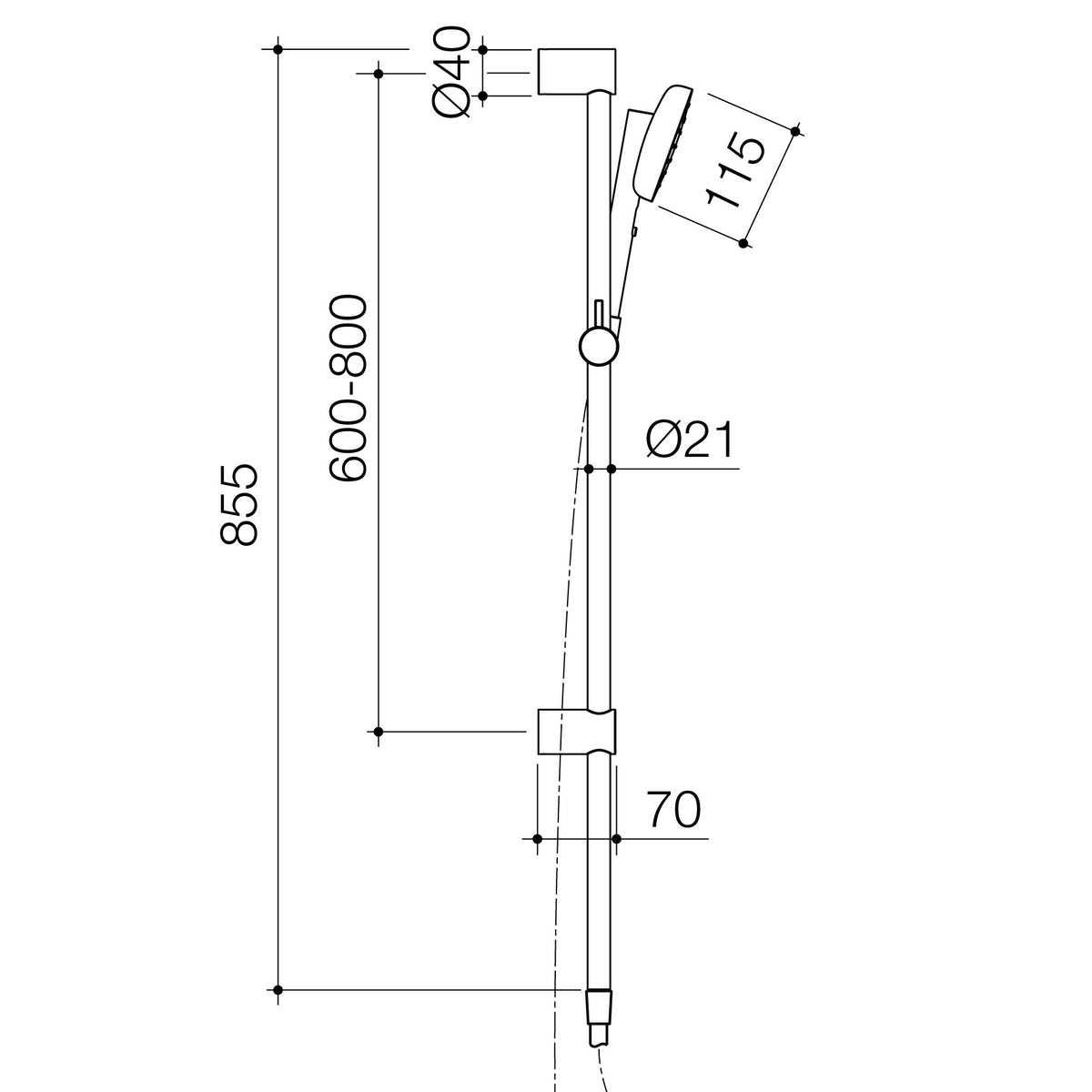 Caroma Contura II Rail Shower technical dimensions