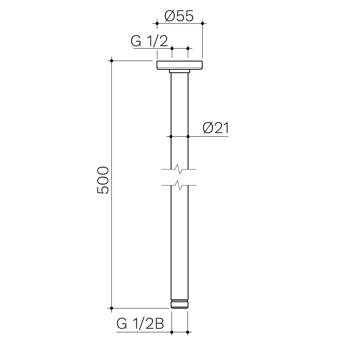 Caroma 500mm Ceiling Shower Arm technical dimensions