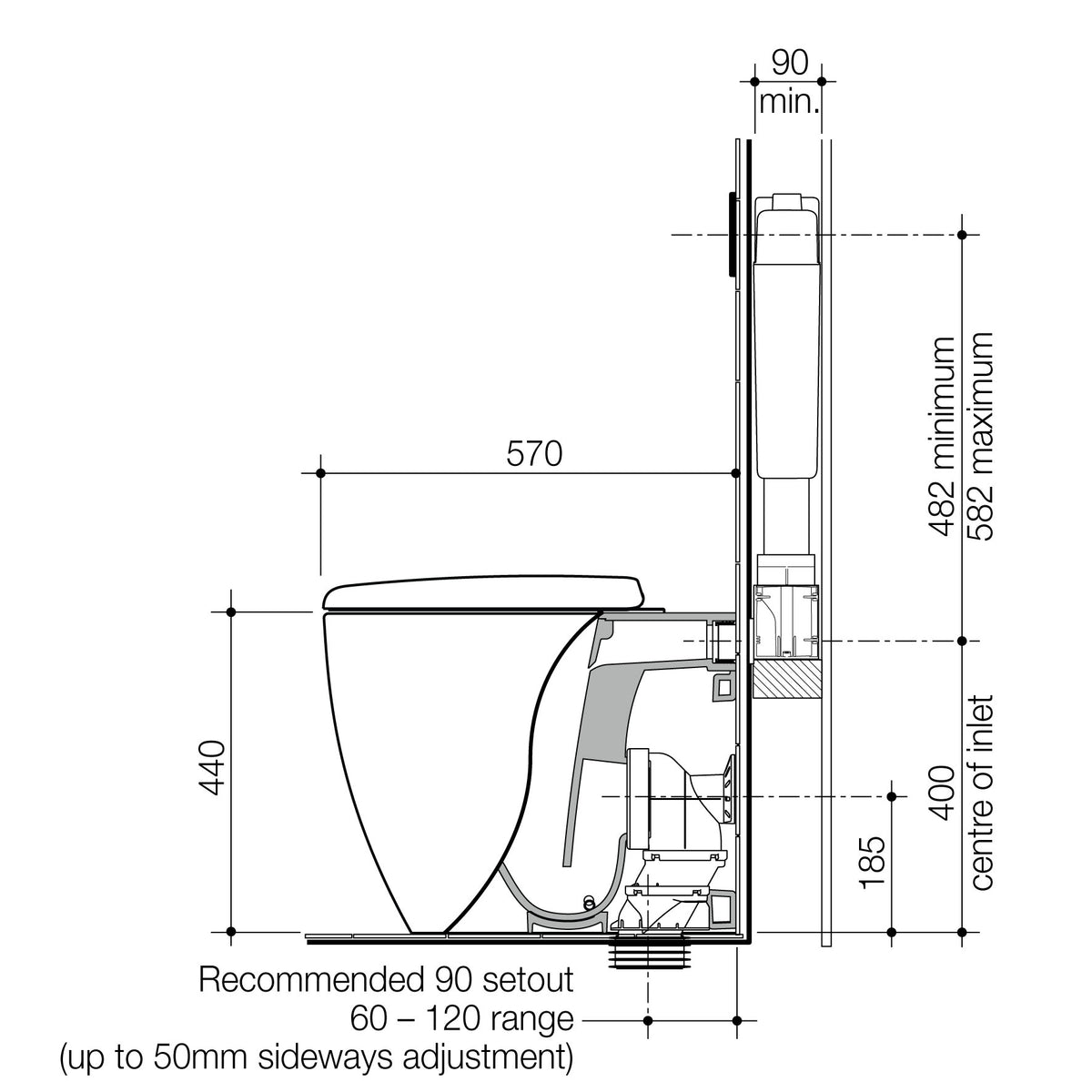 Caroma Contura II Cleanflush Invisi Series II Wall Faced Suite technical dimensions