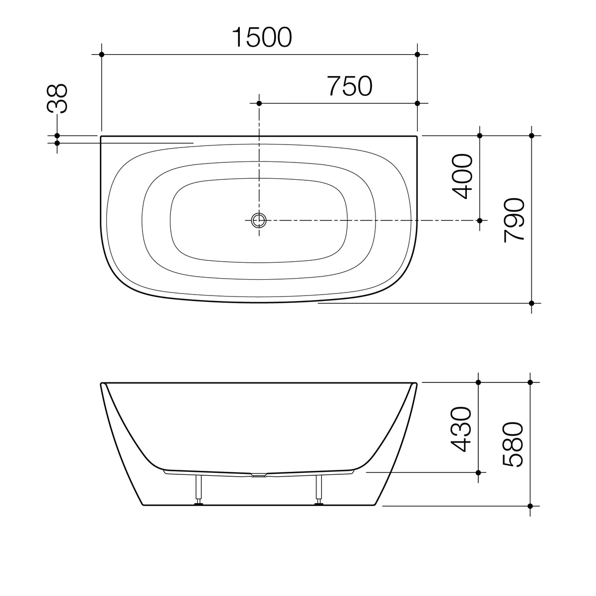Caroma Contura II 1500mm Back to Wall Freestanding Bath technical dimensions