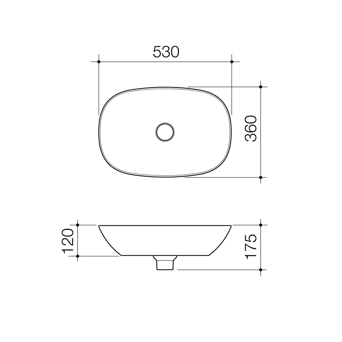 Caroma Contura II 530mm Above Counter Basin technical dimensions