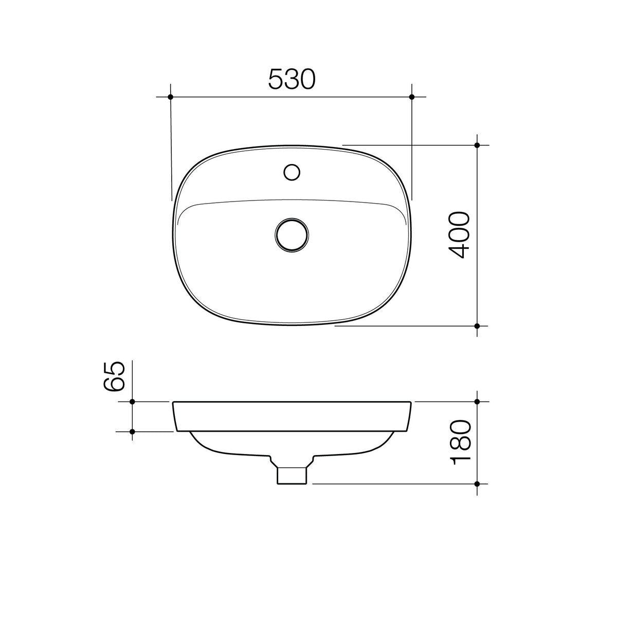 Caroma Contura II 530mm Inset Basin with Tap Landing (1 Tap Hole) technical dimensions
