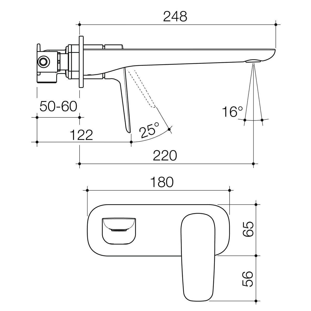 Caroma Contura II Wall Basin/Bath Mixer 220mm technical dimensions