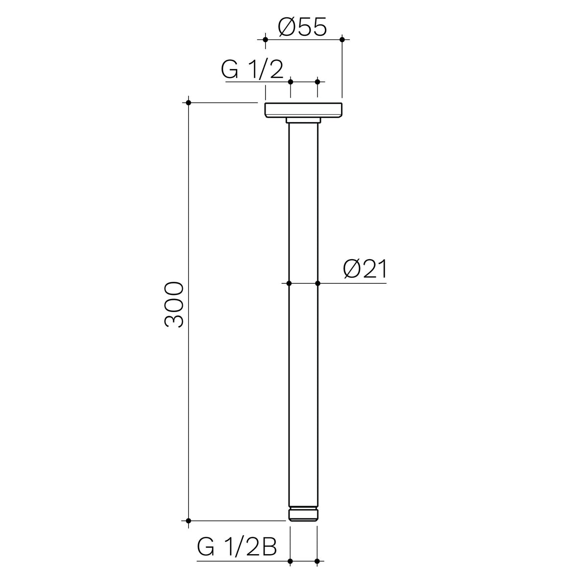 Caroma 300mm Ceiling Shower Arm technical dimensions