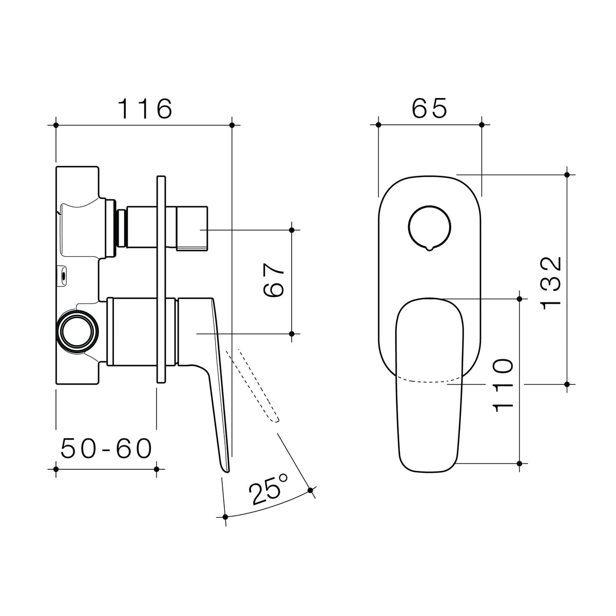 Caroma Contura II Bath/Shower Mixer with Diverter technical dimensions