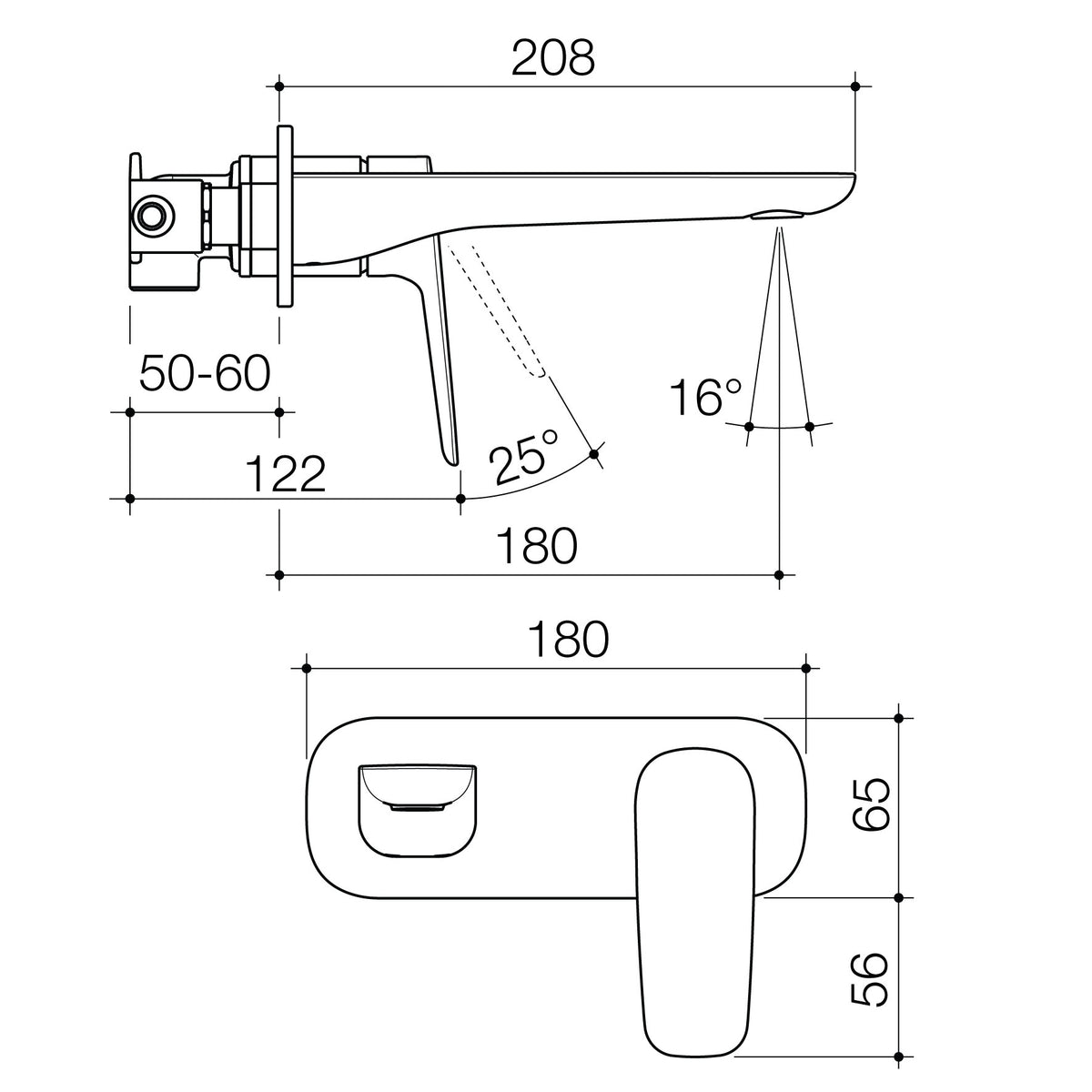 Caroma Contura II Wall Basin/Bath Mixer 180mm technical dimensions