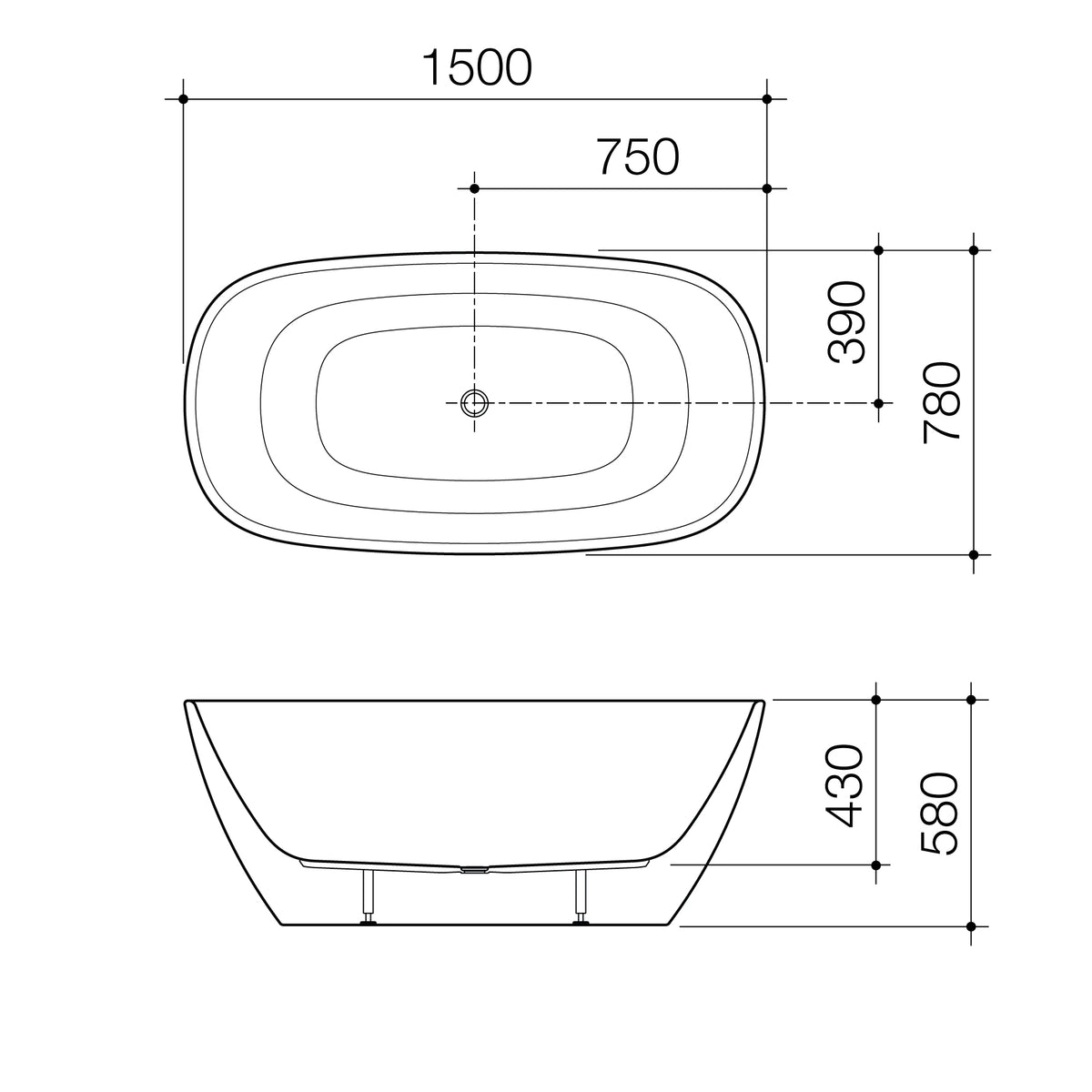 Caroma Contura II 1500mm Freestanding Bath technical dimensions