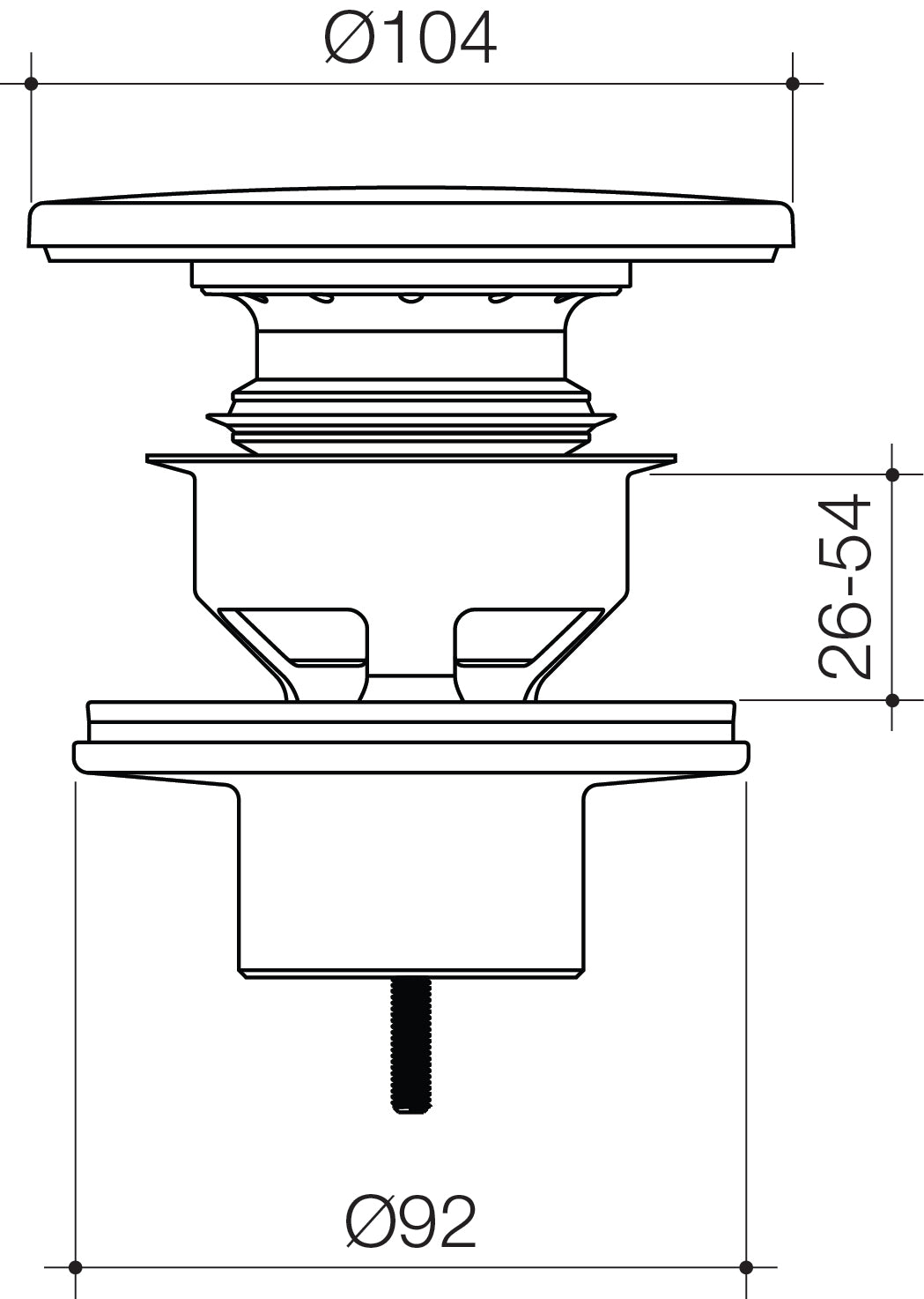 Caroma Contura Solid Surface Pop-up Bath Waste technical dimensions
