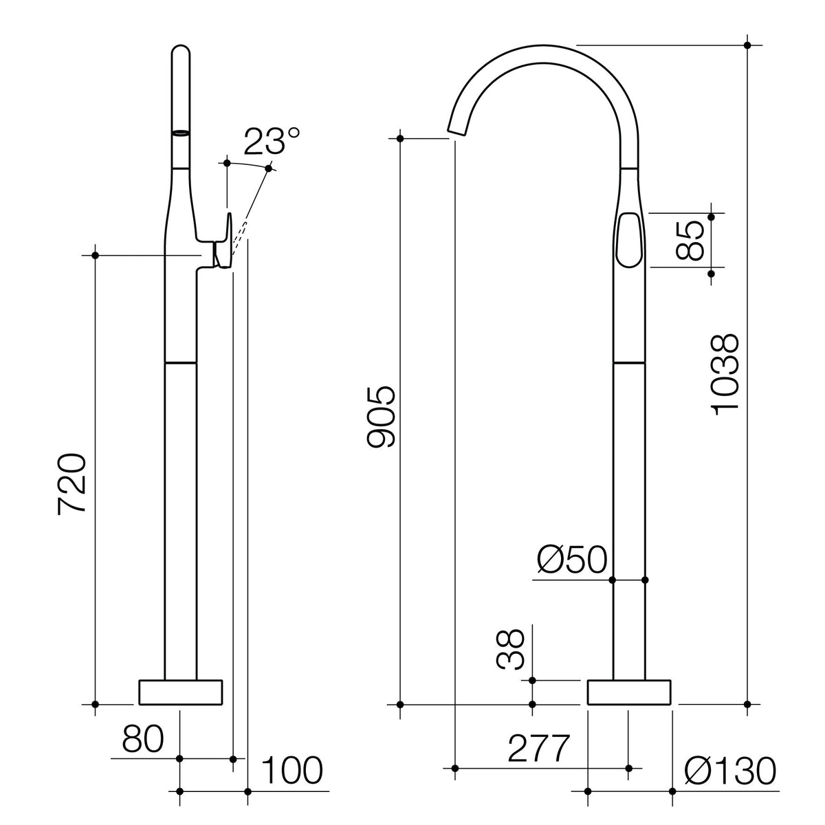 Caroma Contura II Freestanding Bath Filler - Trim Kit technical dimensions