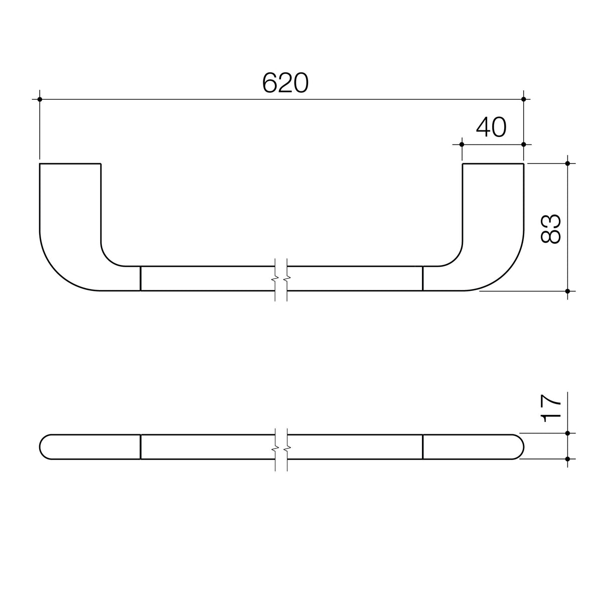 Caroma Contura II 620mm Single Towel Rail technical dimensions