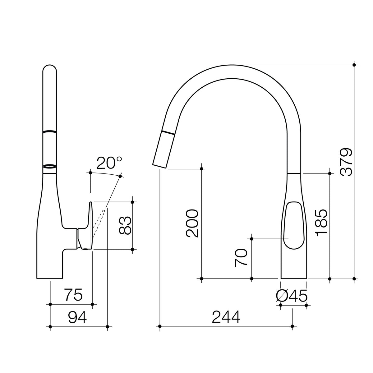 Caroma Contura II Pull Out Sink Mixer technical dimensions