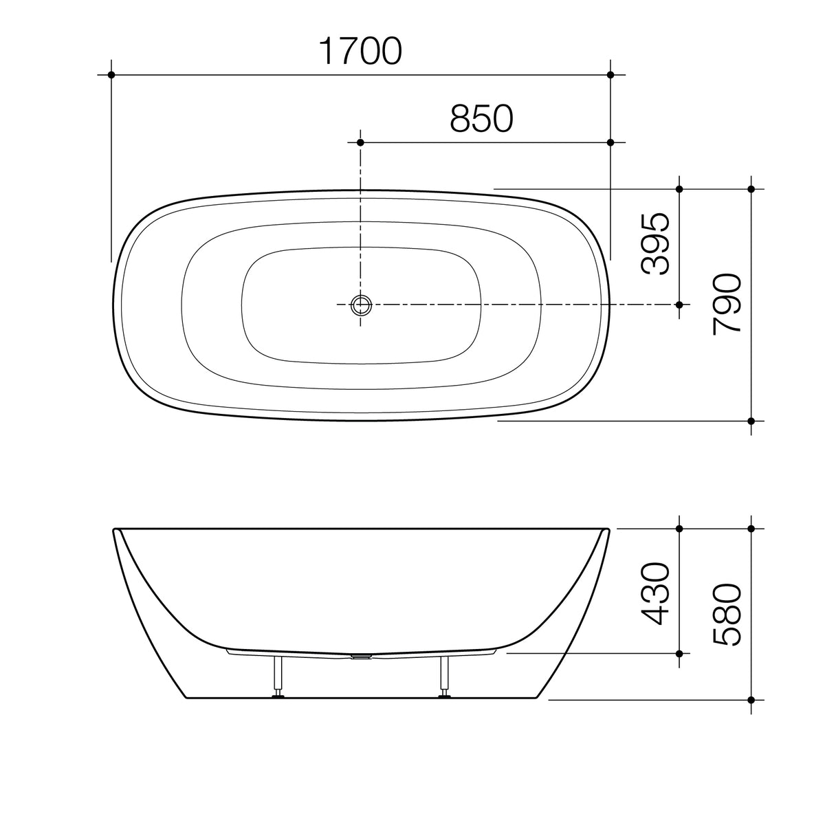 Caroma Contura II 1700mm Freestanding Bath technical dimensions