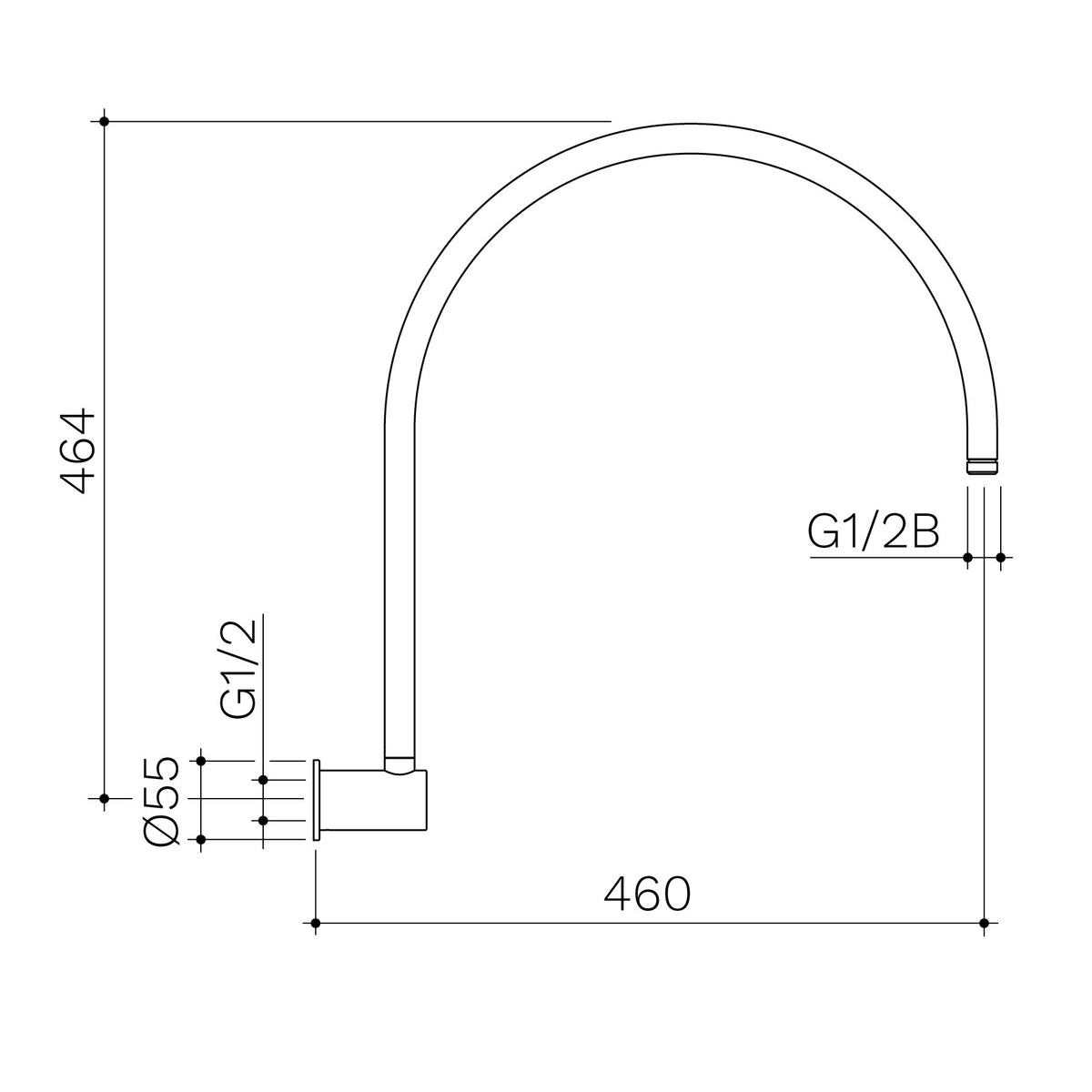 Caroma Upswept Shower Arm technical dimensions