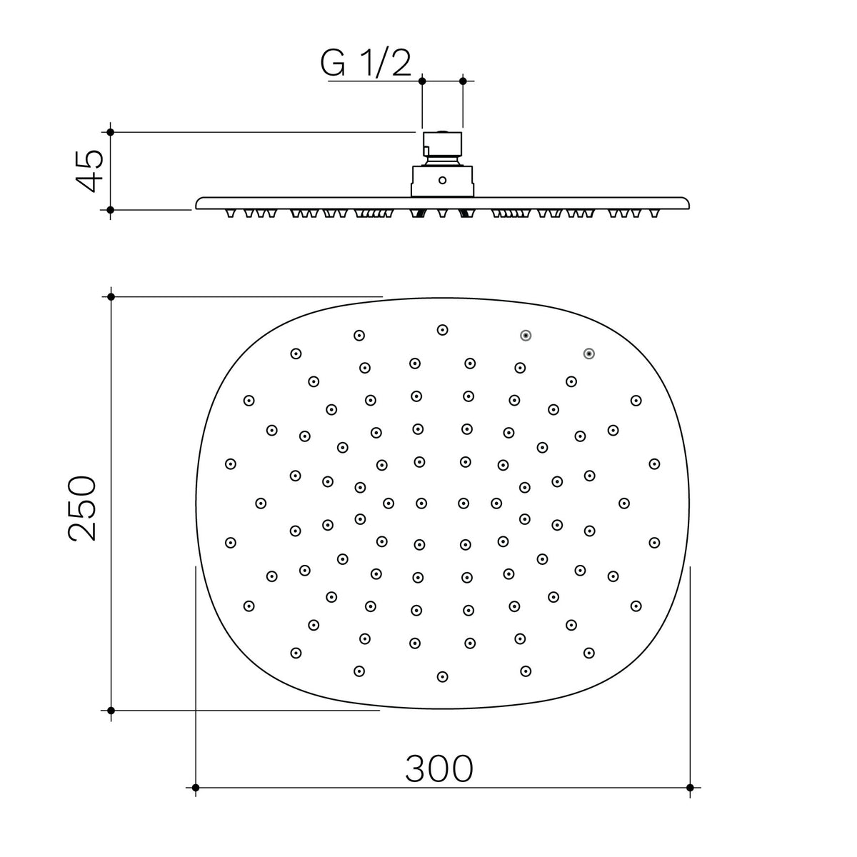 Caroma Contura II Rain Shower 300mm technical dimensions