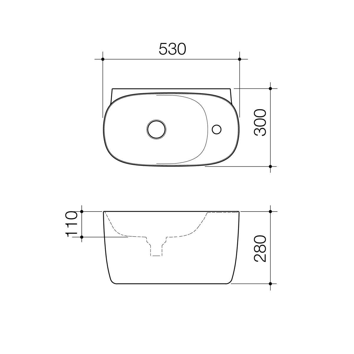 Caroma Contura II Hand Wall Basin (1 Tap Hole) technical dimensions