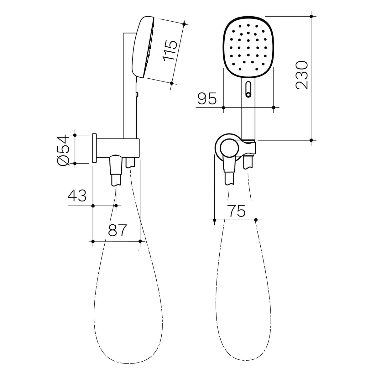 Caroma Contura II Hand Shower technical dimensions