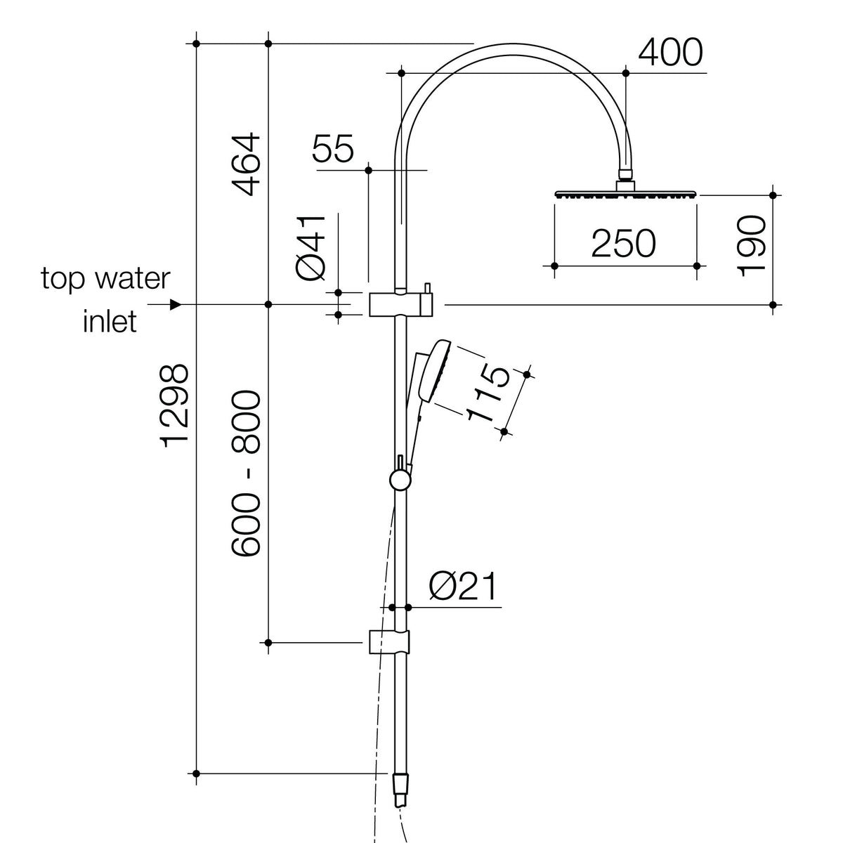 Caroma Contura II Rail Shower technical dimensions