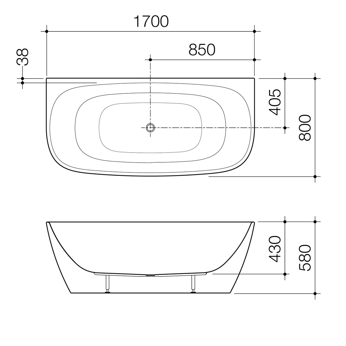 Caroma Contura II 1700mm Back to Wall Freestanding Bath technical dimensions