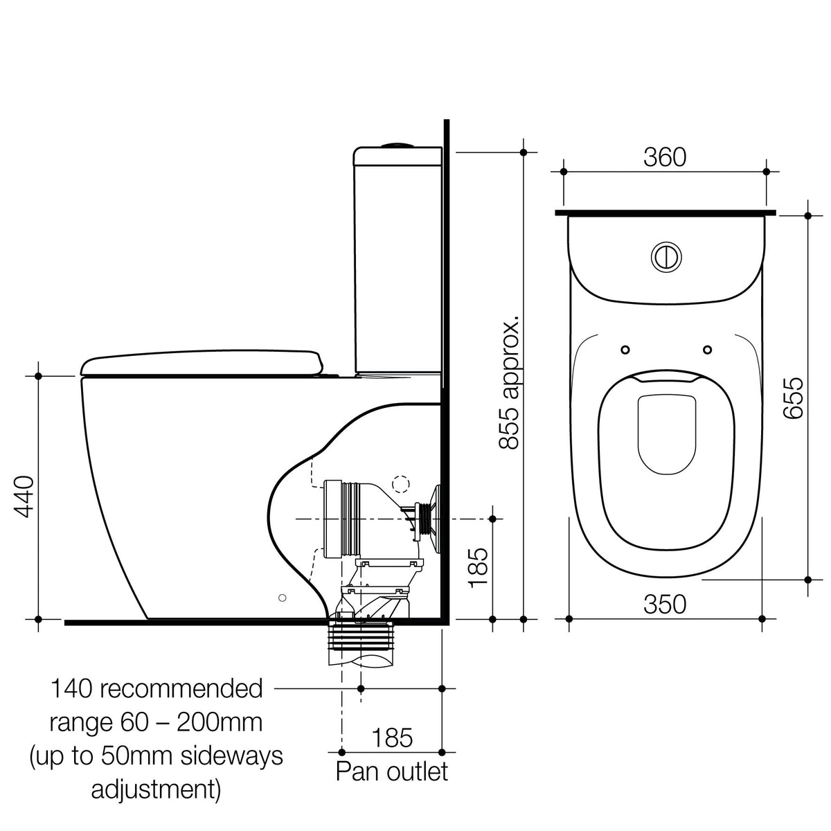 Caroma Contura II Cleanflush Wall Faced Close Coupled BI Suite technical dimensions