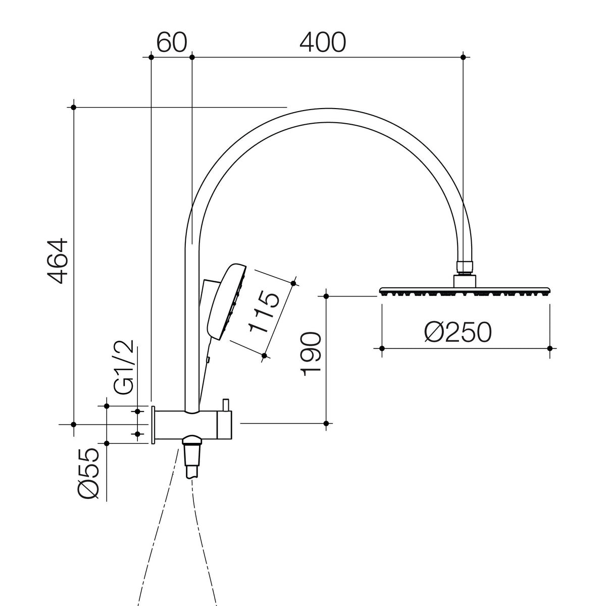 Caroma Contura II Compact Twin Shower technical dimensions