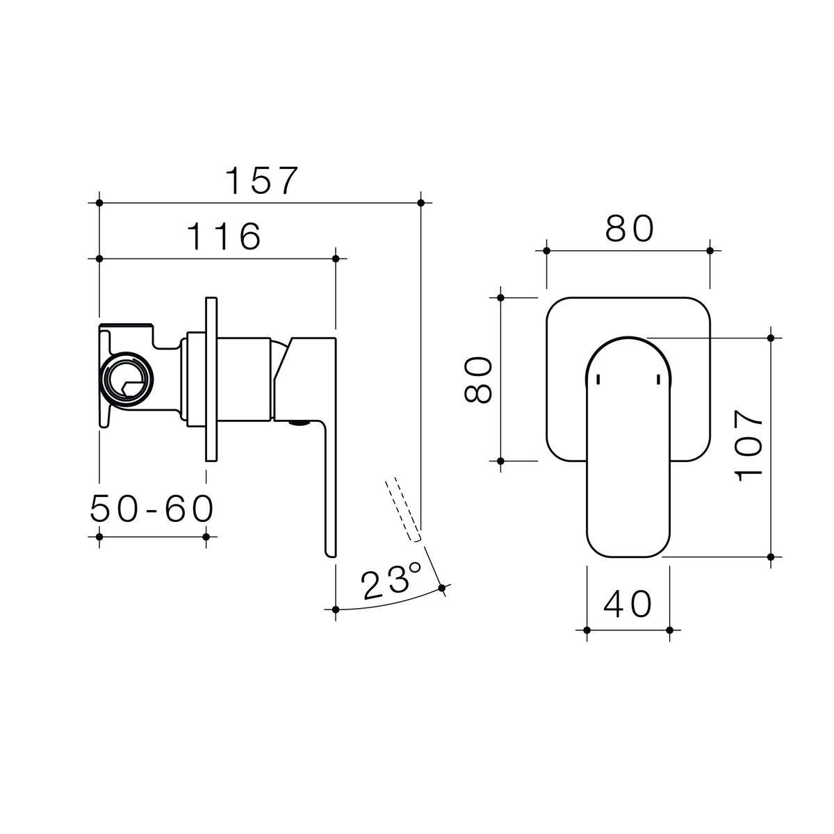 Technical drawing with dimensions for a CAROMA Luna Bath/Shower Mixer in chrome.