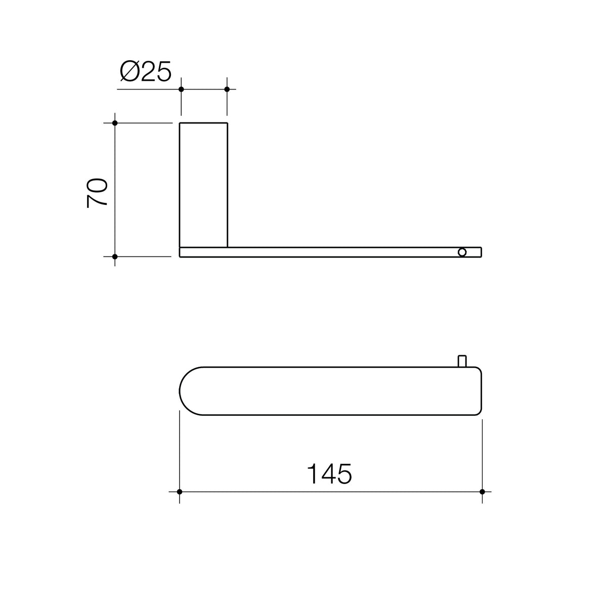 Technical dimension drawing of Caroma Urbane II Toilet Roll Holder in brushed brass.