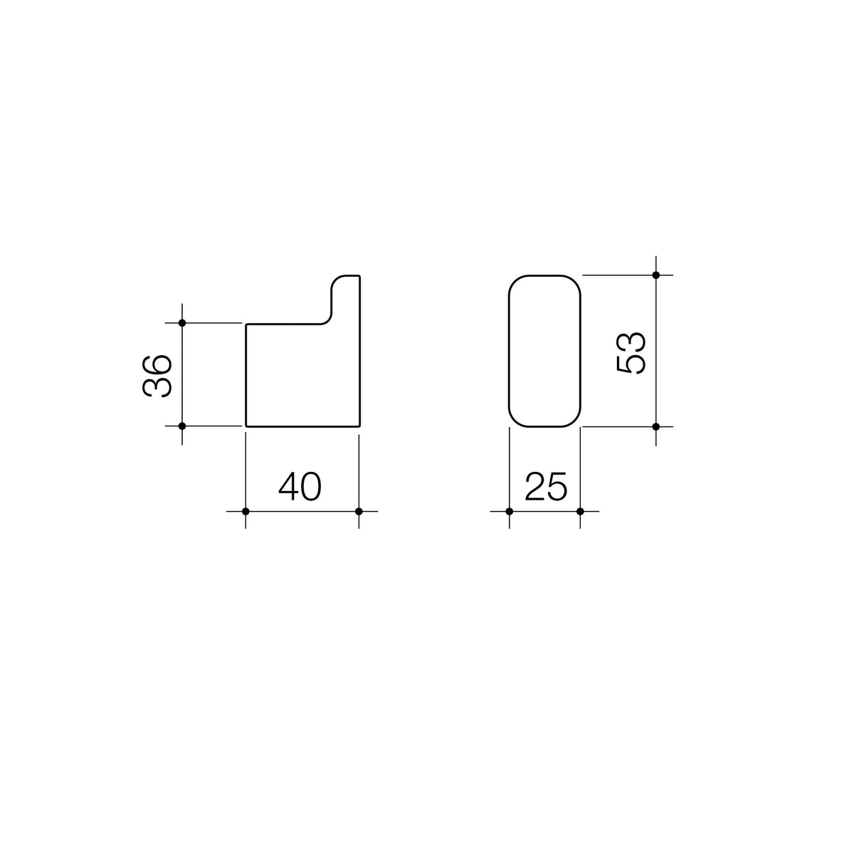 Technical drawing with dimensions for the CAROMA Luna robe hook.