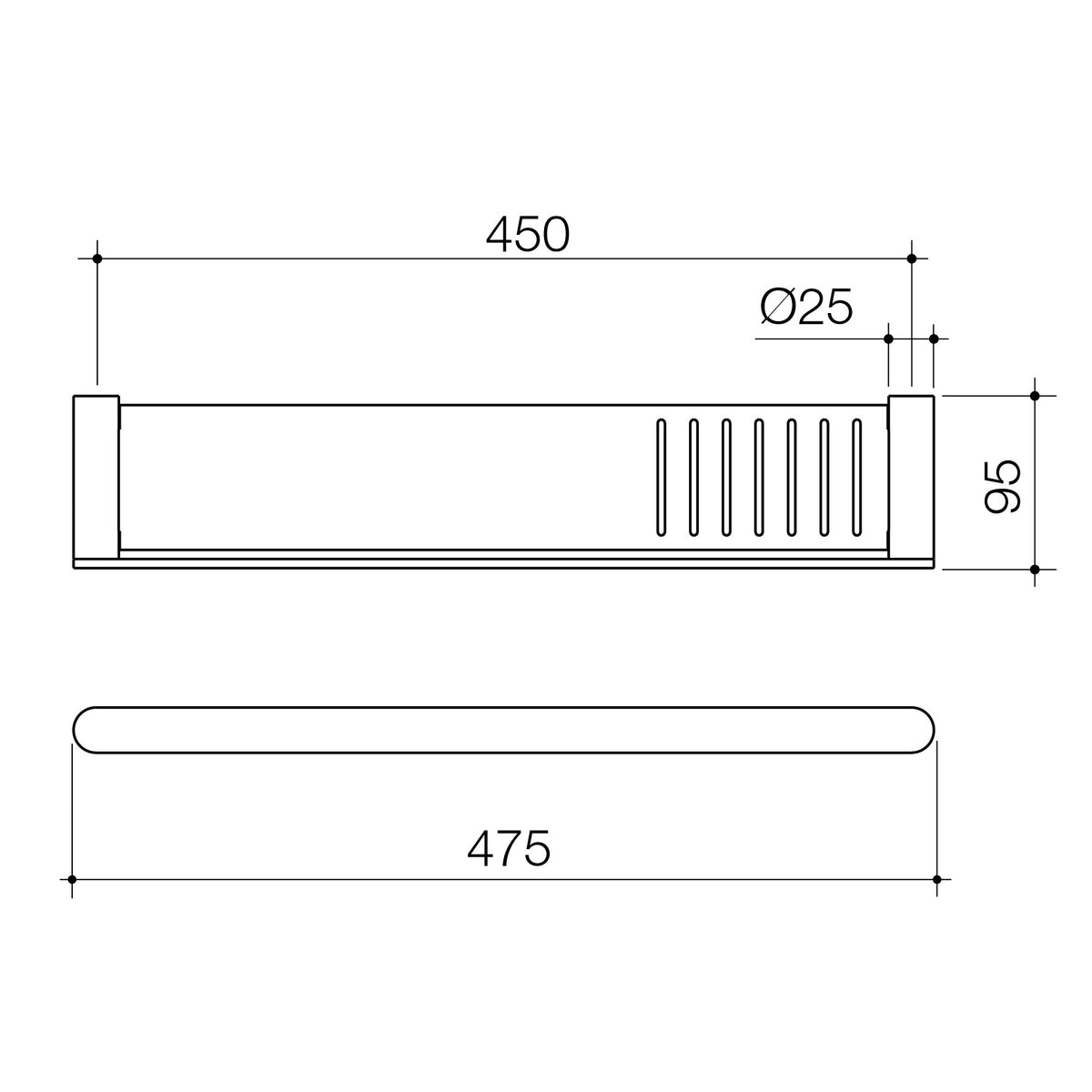 Technical dimensional drawing of a Caroma Urbane II Bathroom Shelf.
