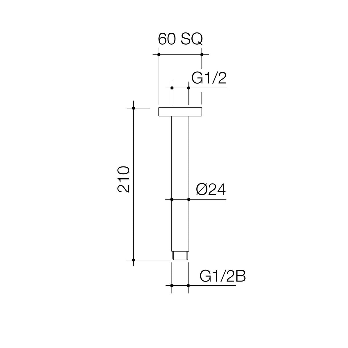 Technical drawing of CAROMA Luna Straight Arm Square Flange with dimensions