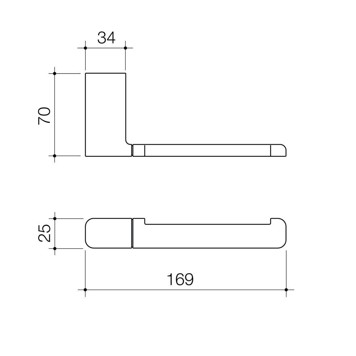 Technical dimensions diagram for CAROMA Luna toilet roll holder in brushed brass.
