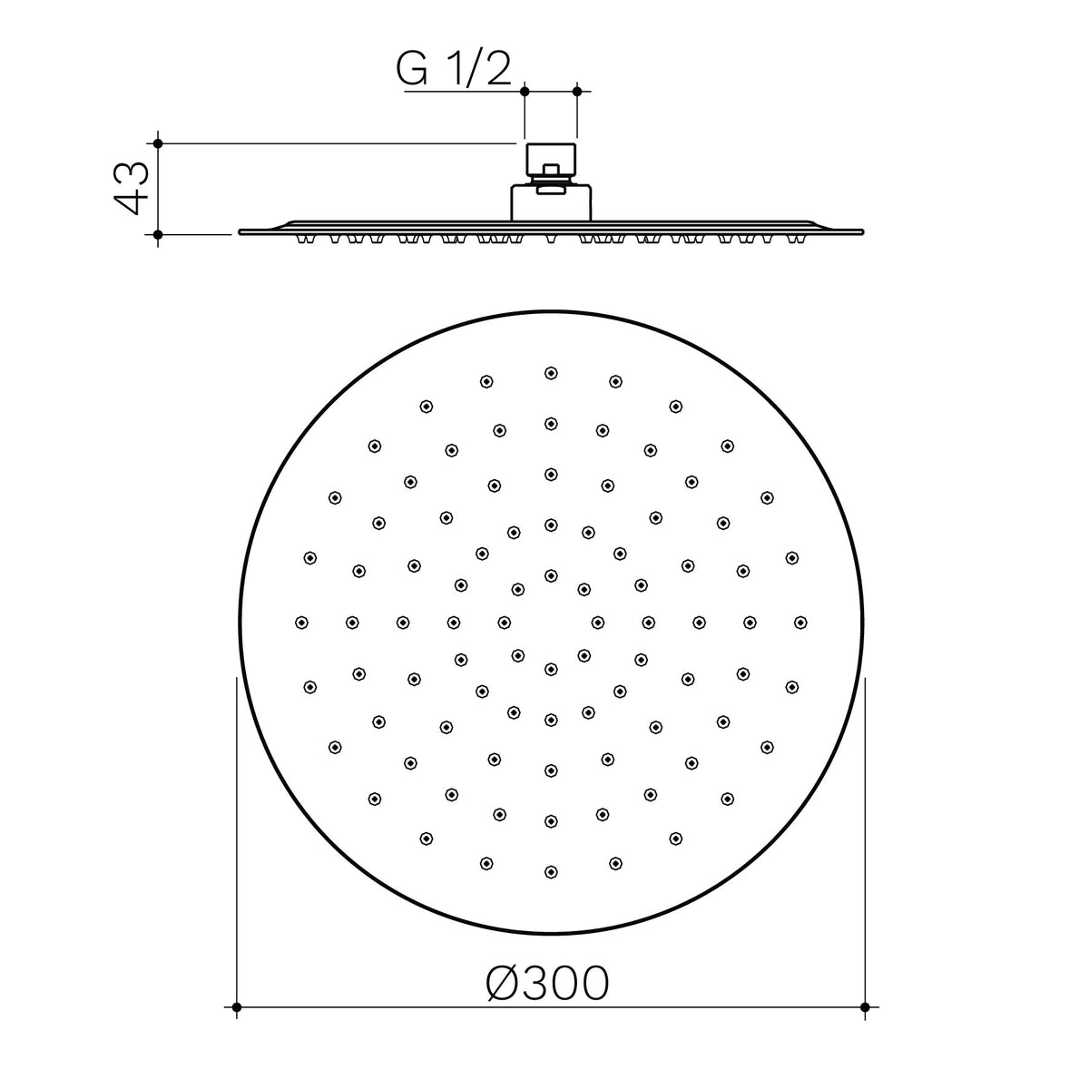 Technical drawing of a Caroma 300mm round rain shower head with dimensions.