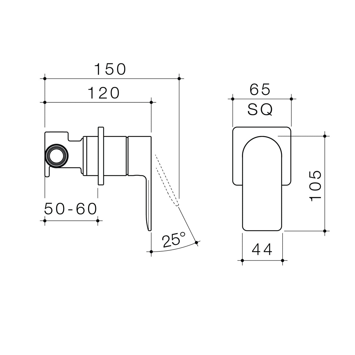 Technical drawing with dimensions for Caroma Urbane II bath and shower mixer.