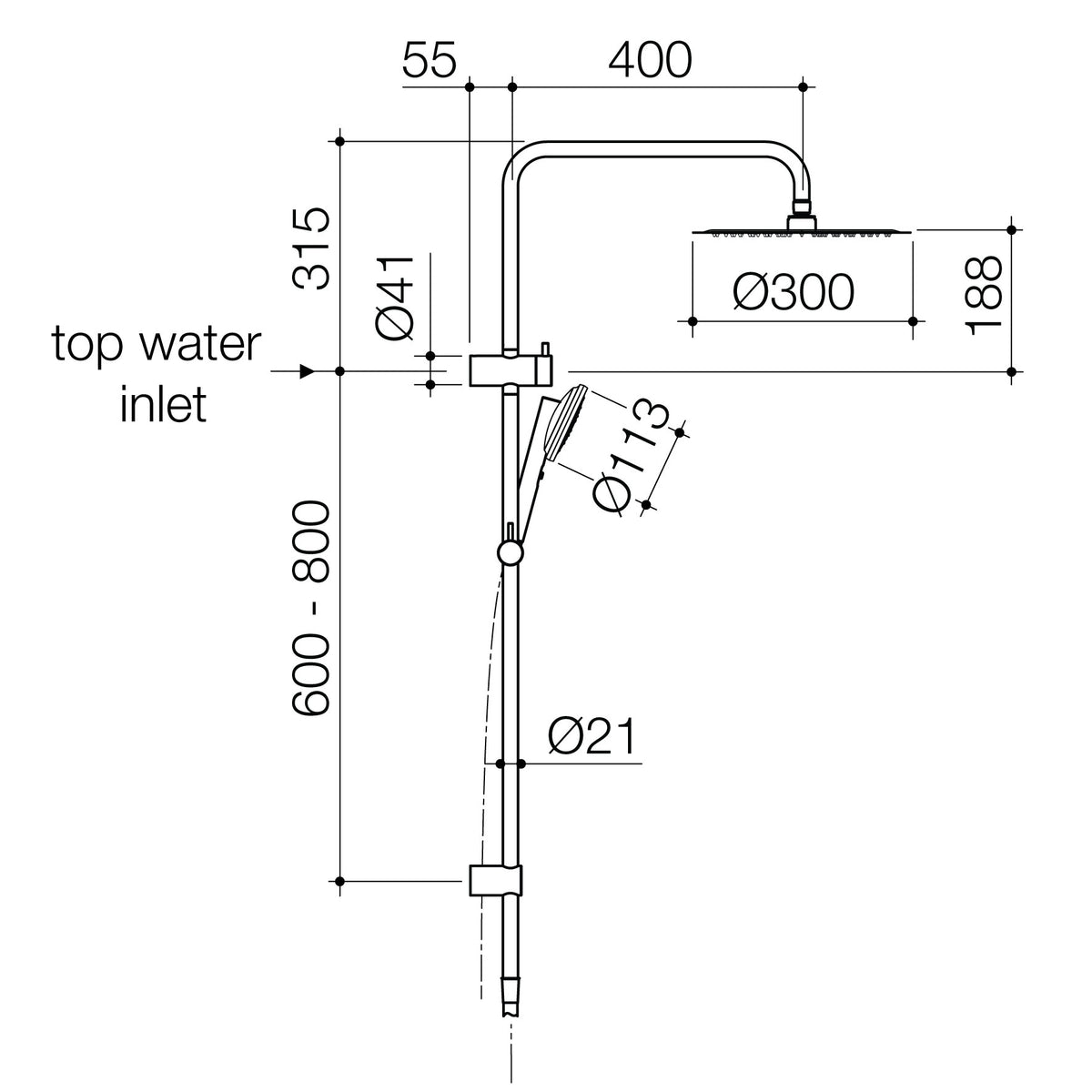 Technical line drawing with dimensions for Caroma Urbane II Rail Shower in Brushed Brass.