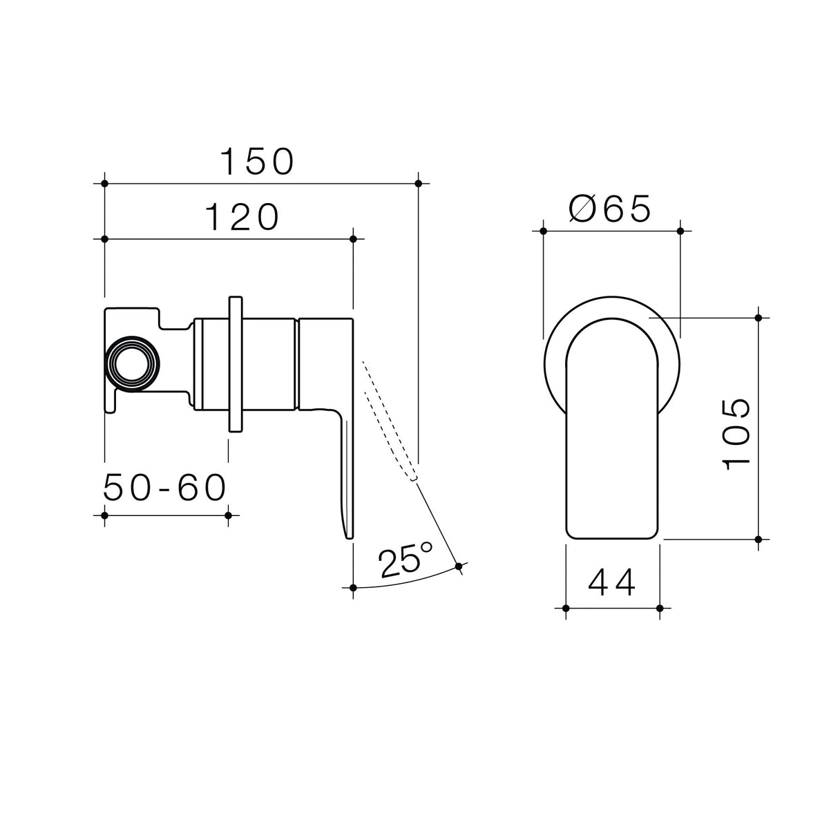 Technical dimension drawing for CAROMA Urbane II Bath and Shower Mixer.