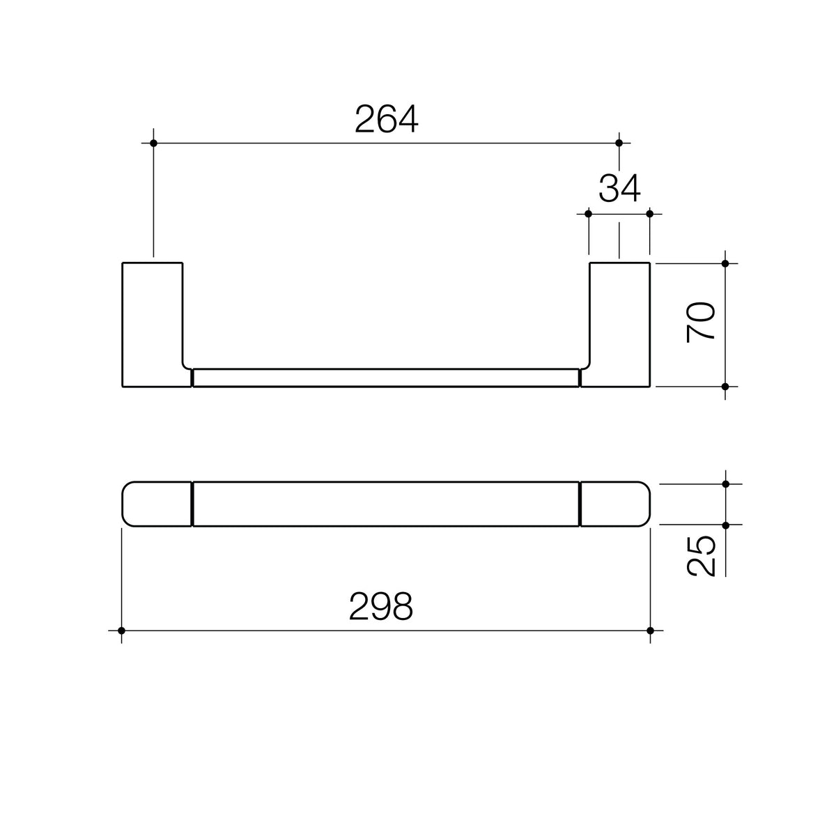Technical dimension drawing of Caroma Luna Hand Towel Rail in brushed brass.