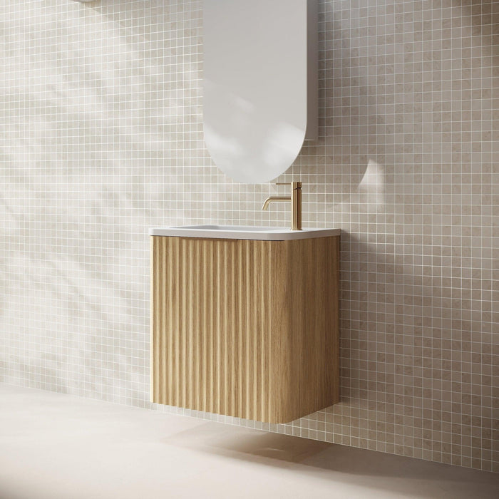 Cassa Design Gravity Curved Small Space Wall Hung Vanity - Ideal Bathroom CentreGRA500WHL - OAK GRA500MWRNatural OakLeft Hand HingeRight Hand Basin