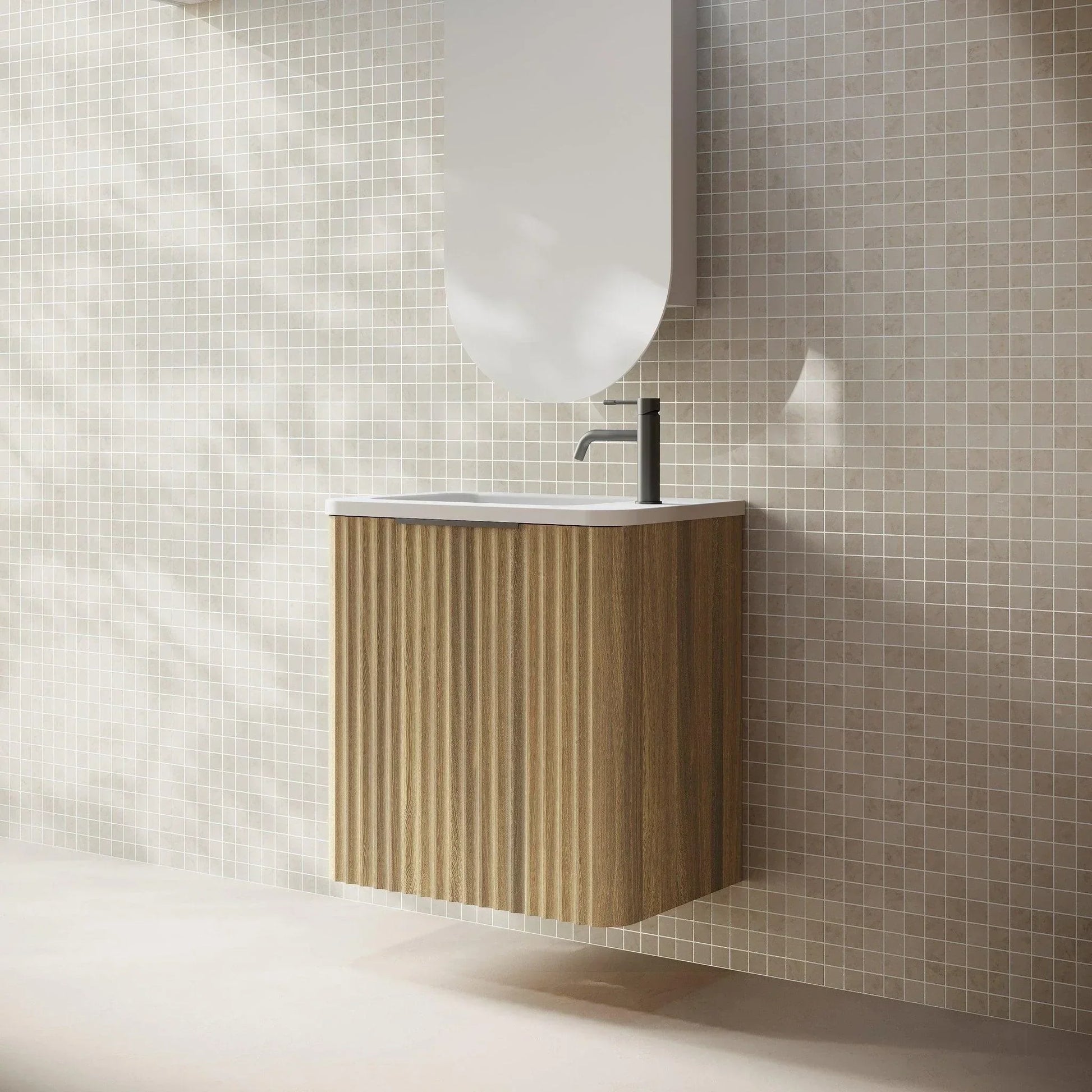 Cassa Design Gravity Curved Small Space Wall Hung Vanity - Ideal Bathroom CentreGRA500WHL - WALNUT GRA500MWLNatural WalnutLeft Hand HingeLeft Hand Basin