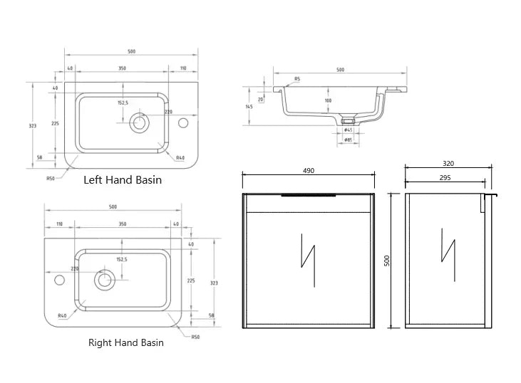 Cassa Design Gravity Curved Small Space Wall Hung Vanity - Ideal Bathroom CentreGRA500WHL - WALNUT GRA500MWLNatural WalnutLeft Hand HingeLeft Hand Basin