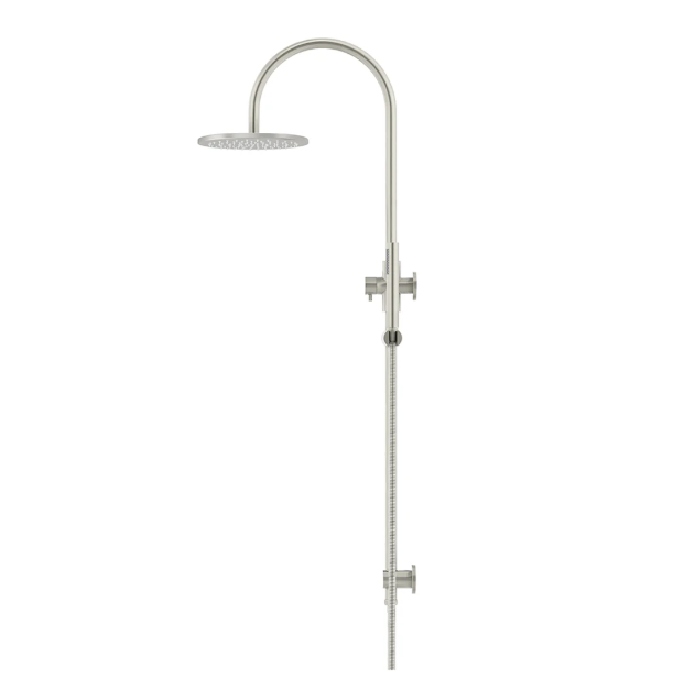 Meir 200mm Round Gooseneck Overhead Shower Set, Single Function Hand Shower, Brushed Nickel