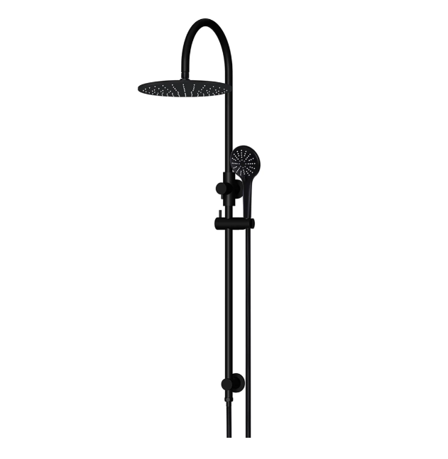 Meir 300mm Round Gooseneck Overhead Shower Rail, Three Function Hand Shower, Matte Black