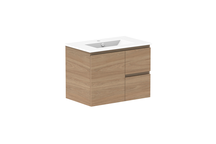 ADP Glacier Door & Drawer Twin Wall Hung Vanity - 750mm / Ceramic Moulded Top / Centre Bowl