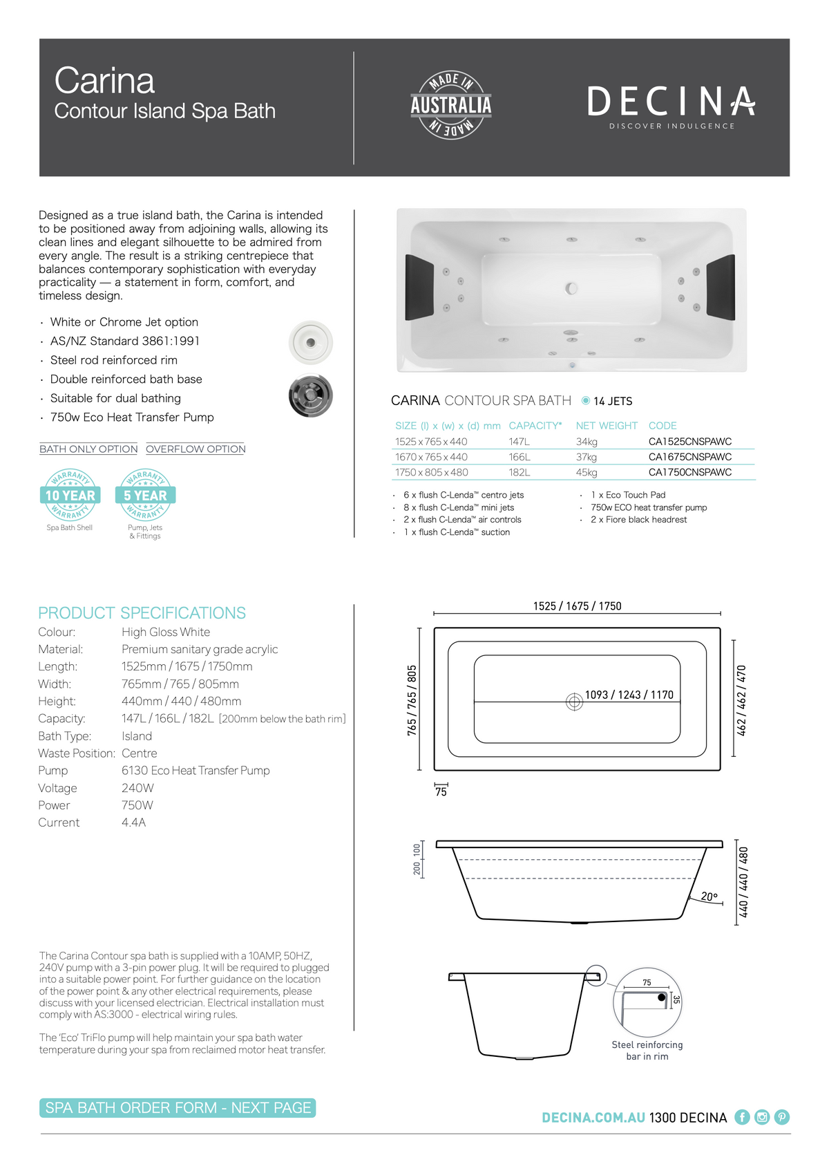 Decina Carina 1525/1675/1750 Contour 14 Jets Spa Bath - current official specifications and dimensional drawing