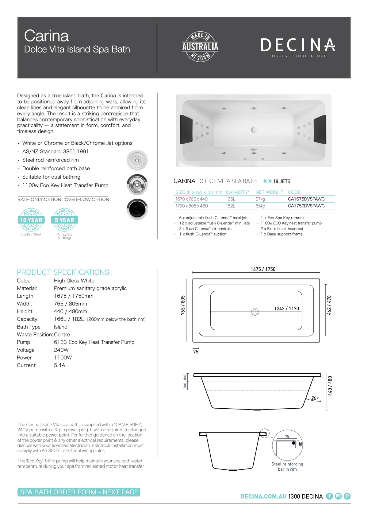 Decina Carina 1675/1750 Dolce Vita 18 Jets Spa Bath - current official specifications and dimensional drawing