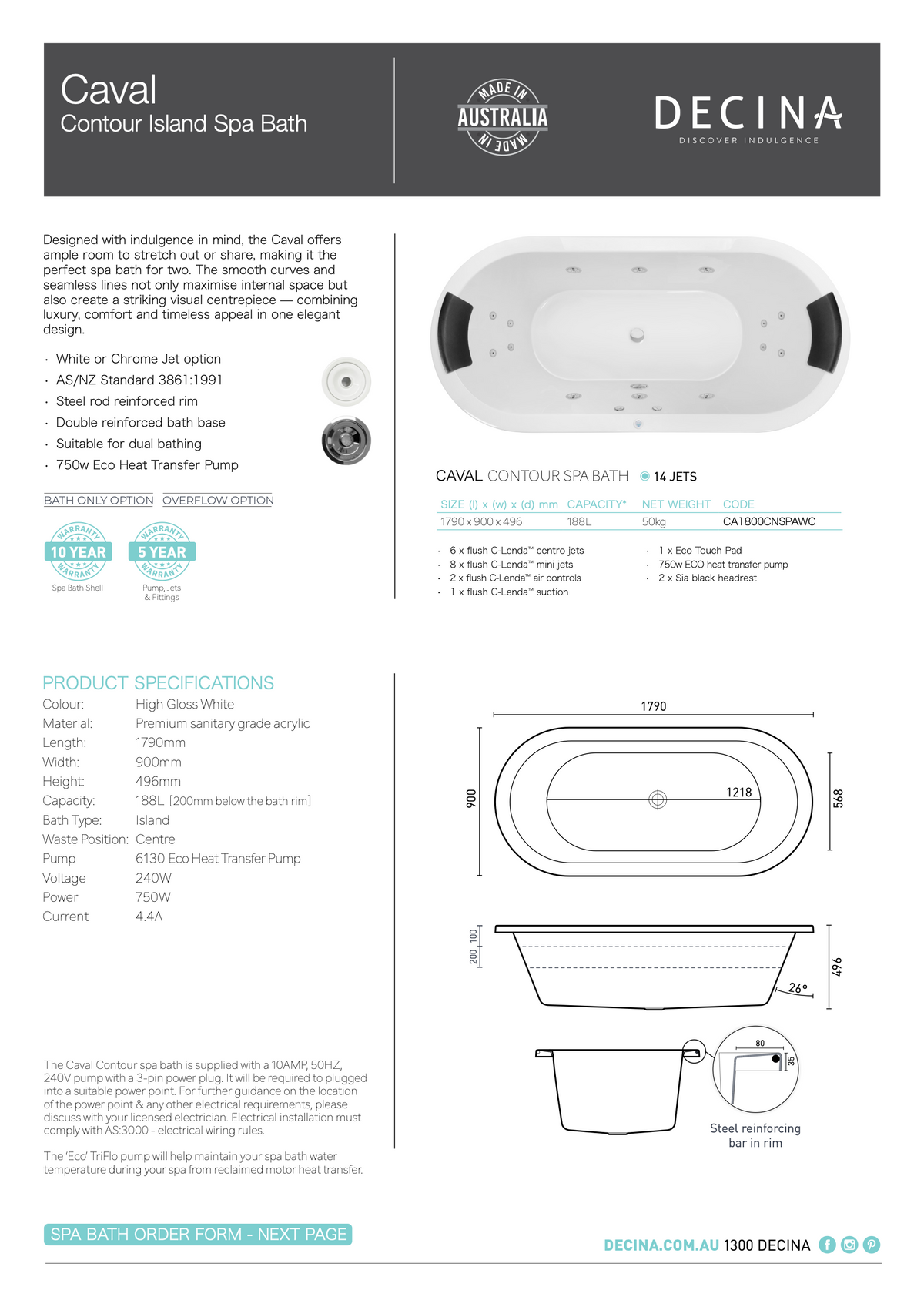 Decina Caval 1800 Contour 14 Jets Spa Bath - current official specifications and dimensional drawing