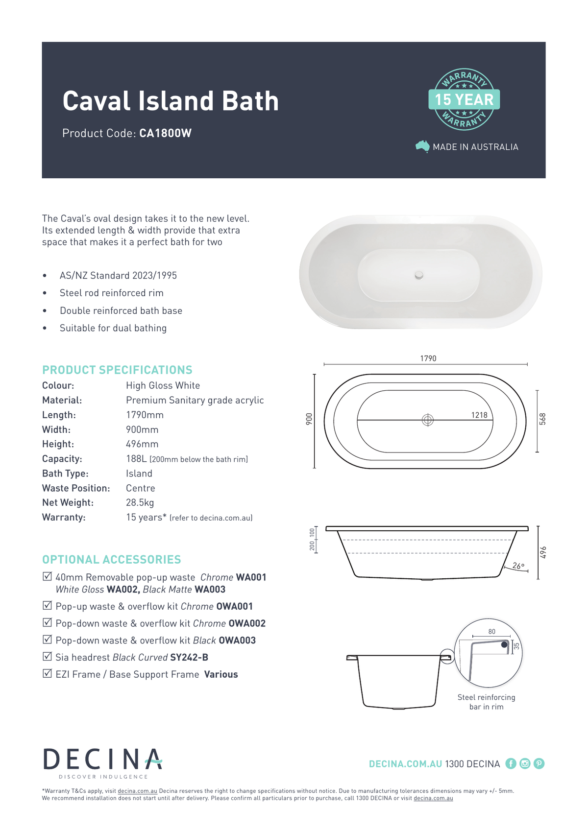 Decina Caval 1790mm Island Bath - current official specifications and dimensional drawing