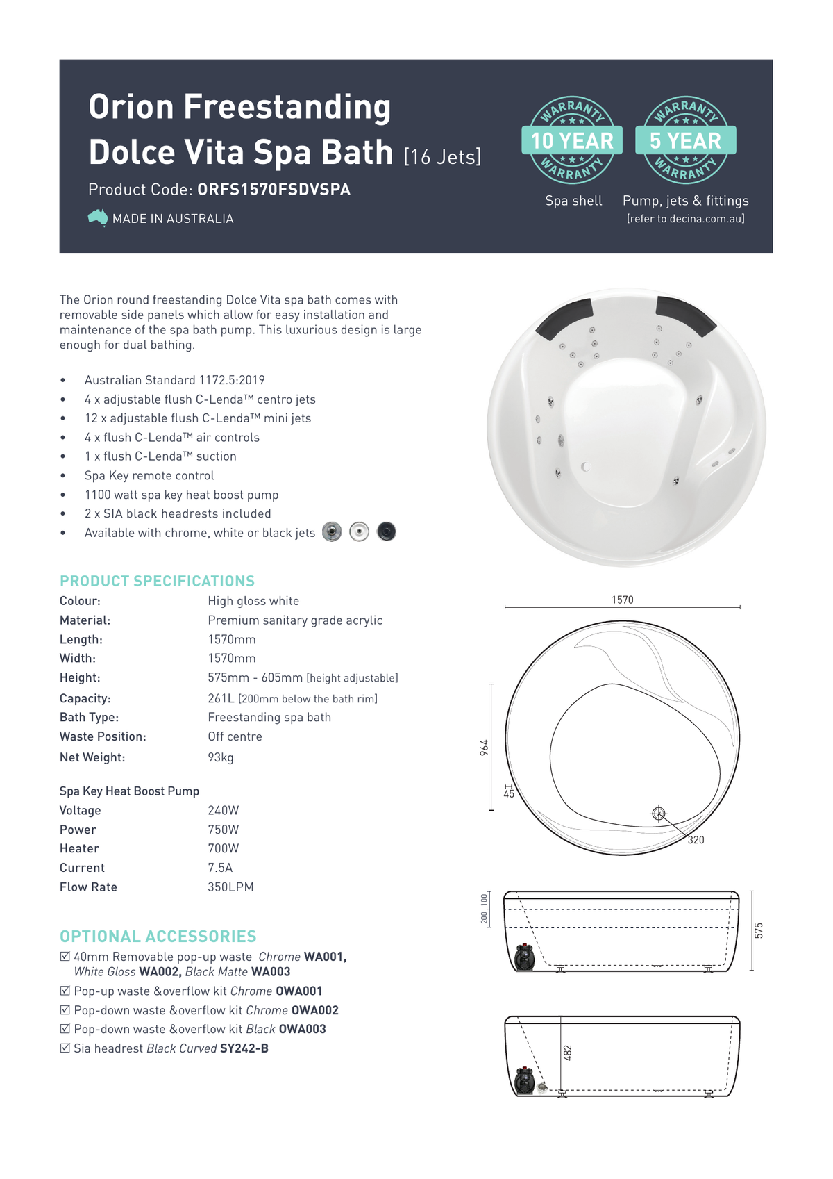 Decina Orion 1570 Freestanding Dolce Vita 14 Jets Spa Bath - current official specifications and dimensional drawing