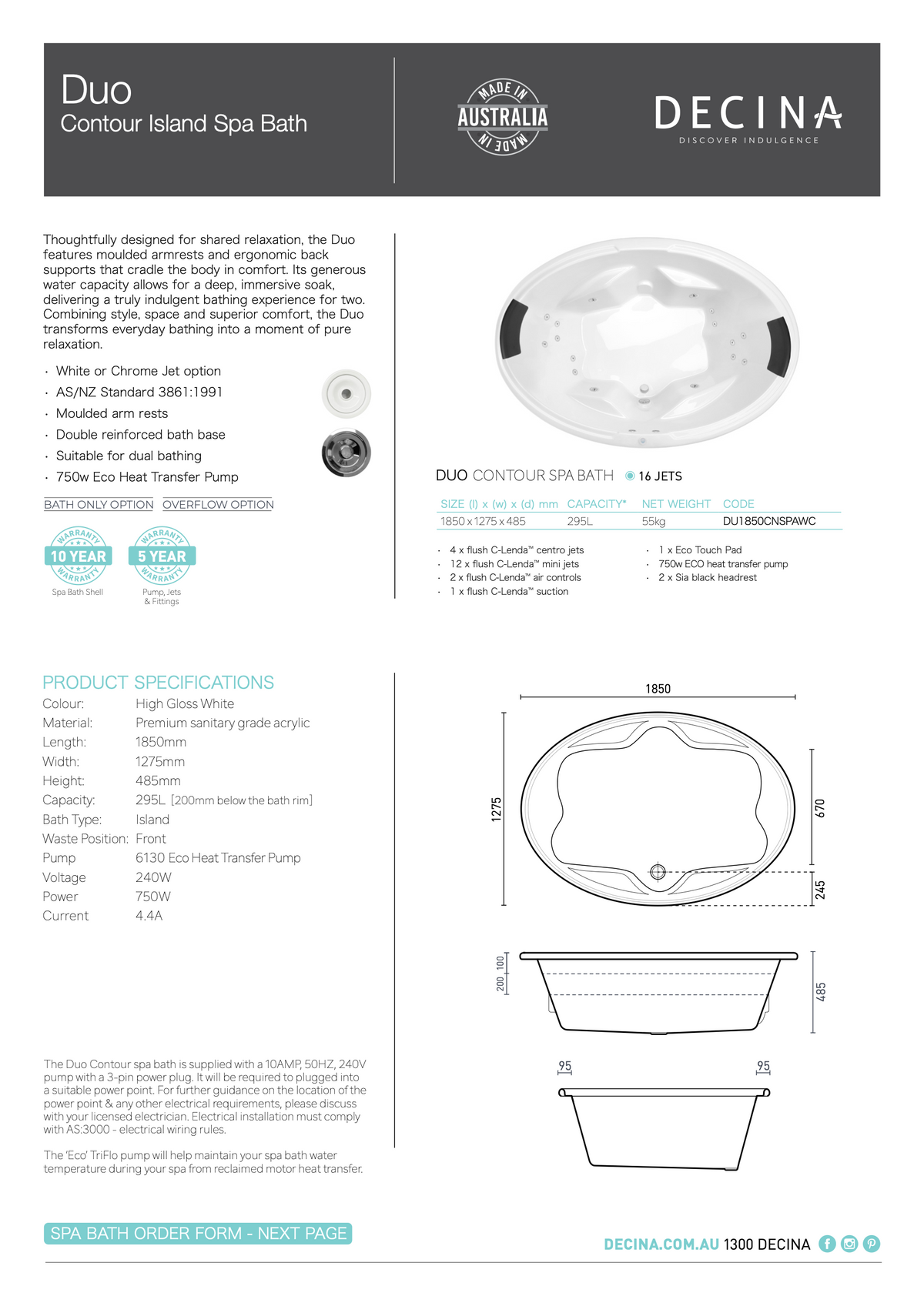 Decina Duo 1850 Contour 16 Jets Spa Bath - current official specifications and dimensional drawing