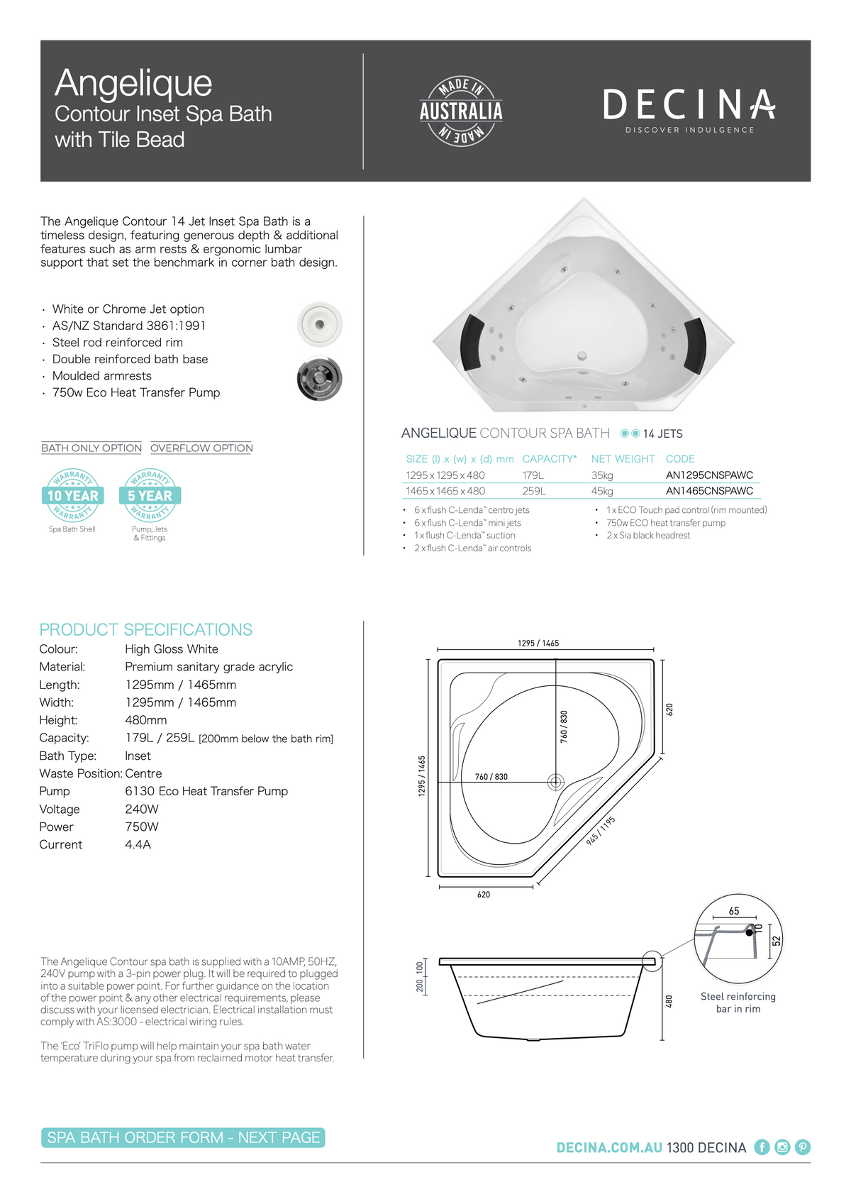 Decina Angelique 1295/1465 Contour 14 Jest Spa Bath - current official specifications and dimensional drawing