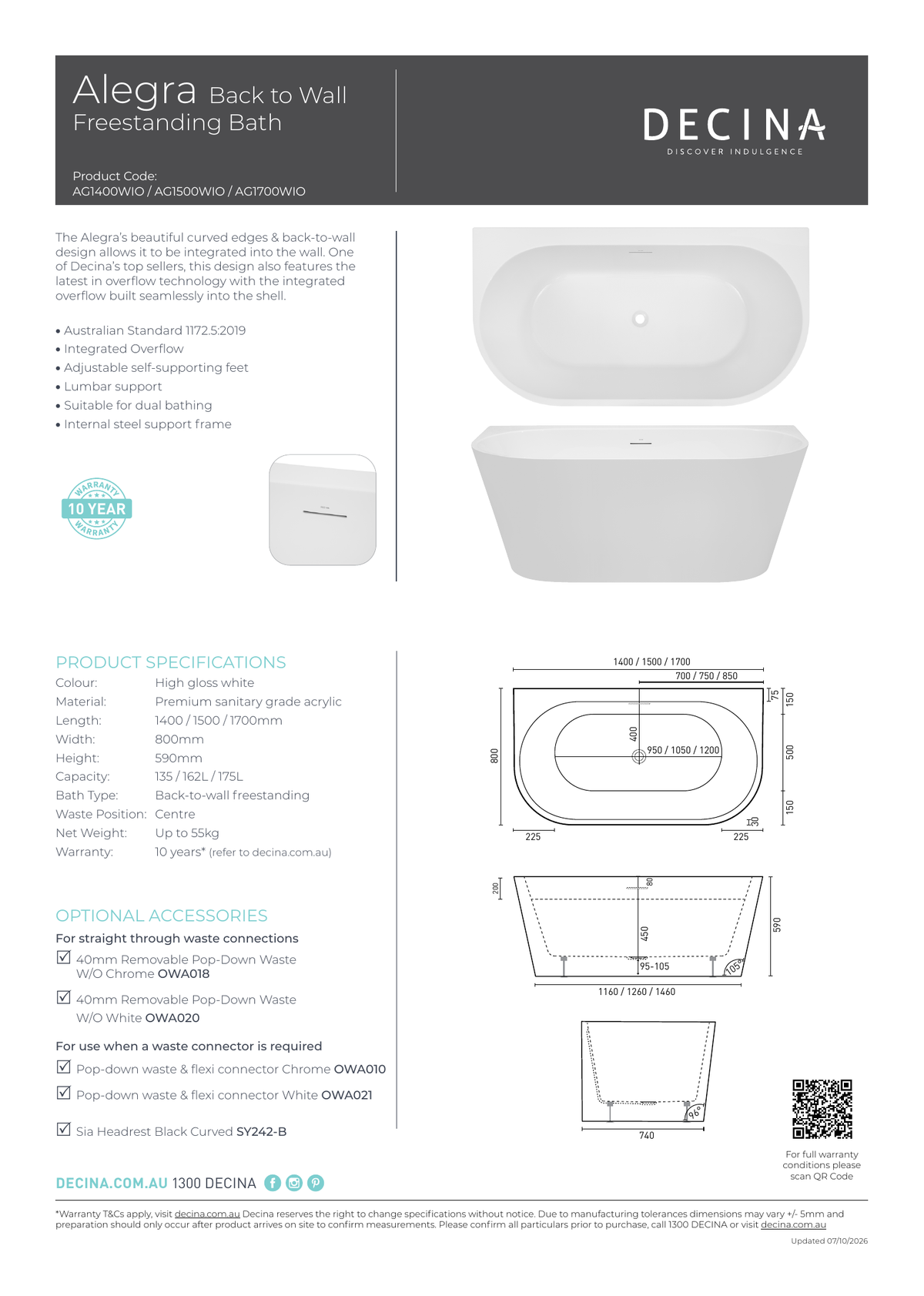 Decina Alegra 1400/1500/1700mm Back To Wall Freestanding Bath with Integrated Overflow - current official specifications and dimensional drawing