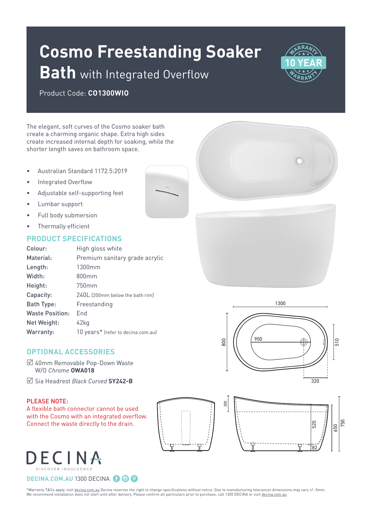 Decina Cosmo 1300mm Freestanding Bath with Integrated Overflow - current official specifications and dimensional drawing
